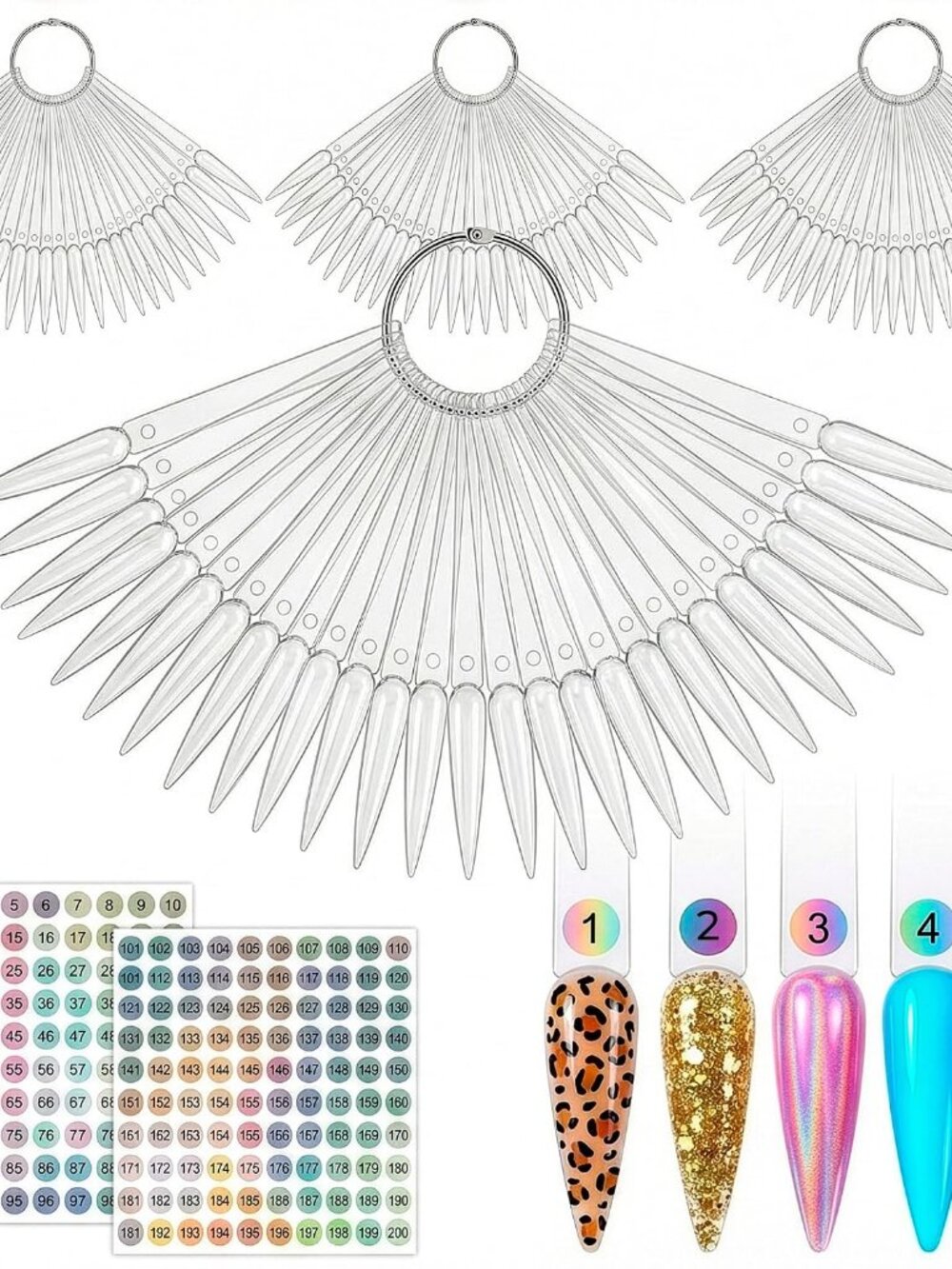 200 Pcs Nail Swatch Sticks Stiletto with 4 Metal Rings & Numbering Stickers